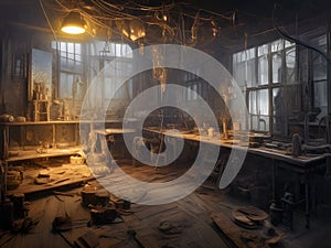 old-fashioned workshop depicting a rustic, timeworn space cluttered with the tools and equipment of a bygone era