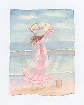 Young Girl with Sunhat Looking at the Sea - Original Watercolor photo