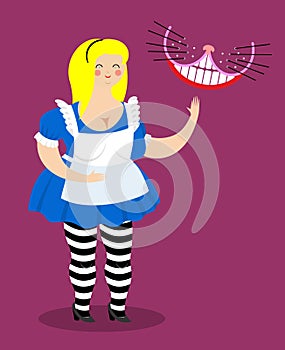Old fat Alice Alice in Wonderland and Cheshire Cat. Woman and sh