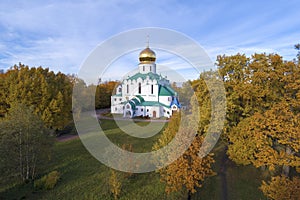 Old Fedorovsky Cathedral in autumn landscape. Tsarskoye Selo Pushkin