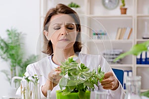 The old female biotechnology chemist working in the lab