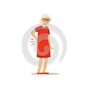 Old Female Character Has A Bad back Pain Colourful vector Toon Cute Illustration