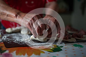 Old female hands at work in the kitchen. Grandma making small meat pie. Cooking process