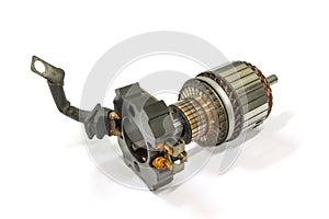 Old field coil starter motor on white background, isolated, Car maintenance service