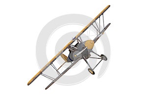 Old fighter biplane in flight. 3D rendering illustration isolated on empty background