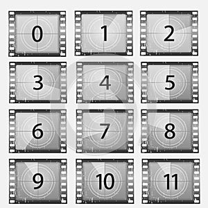 Old film movie timer countdown, cinema strip.