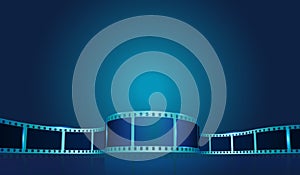 Old film strip frame on the blue background. Vector cinema festival poster, banner or flyer background. Art design reel cinema