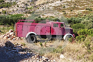 Old fire truck in the mountains on the island of Hvar