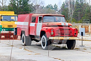 Old fire truck that participated in the liquidation of the accident in Chernobyl, Ukraine photo