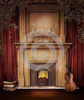 Old fireplace with a violin