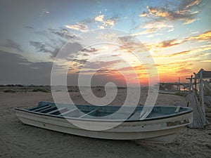 Old fishermen boat at beach in Alhail, Muscat, Oman