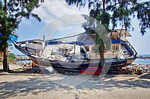 Old fishing boat in Dondra harbor in Sri Lanka.