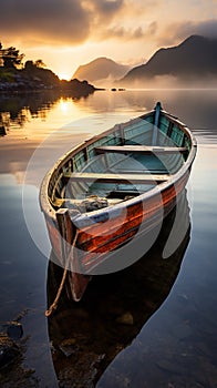 Old fishing boat floating on water in the morning photo