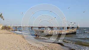 An old fishing boat moored to the shore.