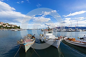 Old fishing boats in the harbor of Paralio Astros, Greece