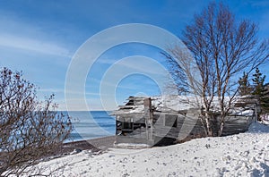 Old Fishing Shack Along Shore of Lake Superior Winter