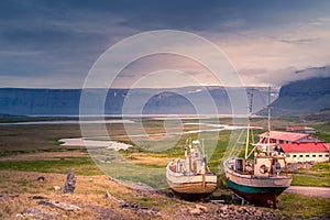Old fishing ships standing ashore at , West Fjords, Iceland
