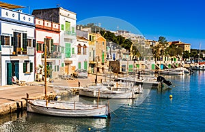 Old fishing village Porto Colom at coast of Majorca island, Spain Mediterranean Sea