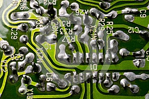 Old flat pcb without components with selective focus