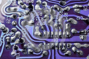 Old flat pcb without components with selective focus