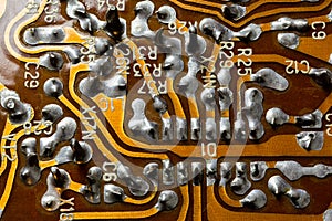 Old flat pcb without components with selective focus