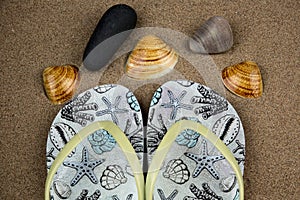 Old Flip Flop Sandals with Sea Shells and Stones on a Coastal Beach