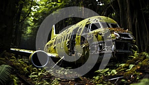 Old forest, abandoned military car, rusty crash, damaged armed forces generated by AI