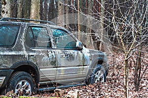 Old forgotten out scrap car that has been abandoned in the woods. Damaged and abandoned vehicle. forest landscape with an