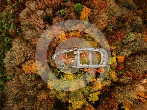 Old fort ruins of Alt Wartburg among the colorful autumn forest