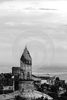 Old fortifications in small town Sighnaghi Signagi in Georgia, region Kakheti, Caucasus mountains. Black and white image