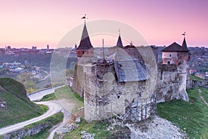 Old fortress on the hill. Evening in the old town