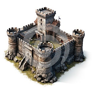 Old fortress isolated on white created with Generative AI. Strong medieval building with high walls.