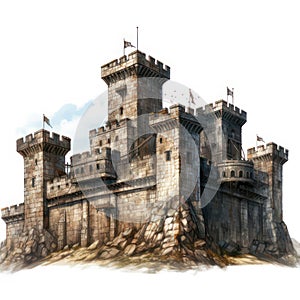 Old fortress isolated on white created with Generative AI. Strong medieval building with high walls.