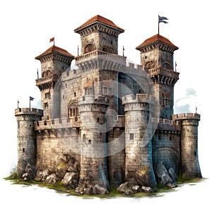 Old fortress isolated on white created with Generative AI. Strong medieval building with high walls.