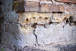 Old foundation and plaster wall with cracks. Building requiring repair closeup