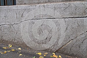 Old foundation and plaster wall with cracks. Building requiring repair closeup