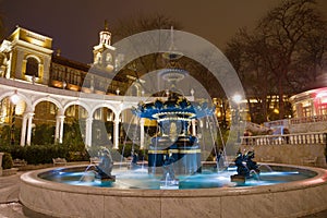 Old fountain in the former Governor Park Vahids park, night. Baku, Azerbaijan