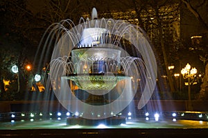 Old fountain in the former Governor Park, winter night. Baku