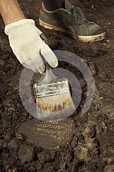 An old fragment of Akkad cuneiform found on terrain excavations photo