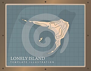 Old framed treasure map of a lonely desert island. Ancient map of the archipelago. Modern template design with text