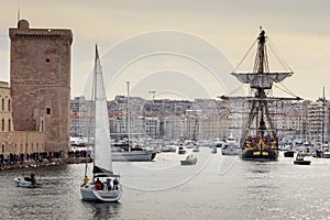 French battle ship, l`Hermione. In the old harbor of Marseille, France