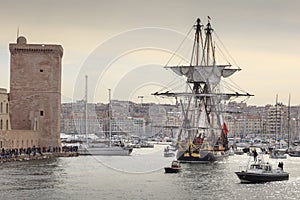 French battle ship, l`Hermione. In the old harbor of Marseille, France