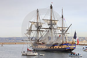 French battle ship, l`Hermione. In the old harbor of Marseille, France