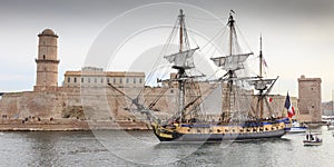 French battle ship, l`Hermione. In the old harbor of Marseille, France