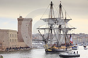 French battle ship, l`Hermione. In the old harbor of Marseille, France