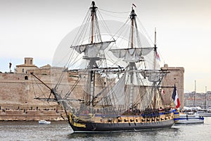 French battle ship, l`Hermione. In the old harbor of Marseille, France
