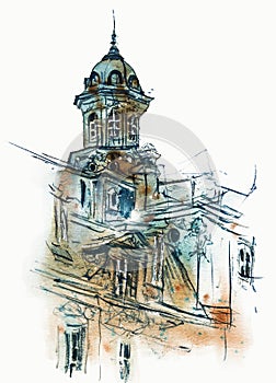 Old French building architecture raster watercolor illustration