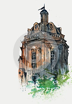 Old French building architecture raster watercolor and ink illustration