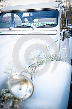Old French car with wedding details