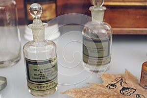 Old French medical bottle with solutio hydrarcy bichloridi. solute de chlorude mercurique. Separer